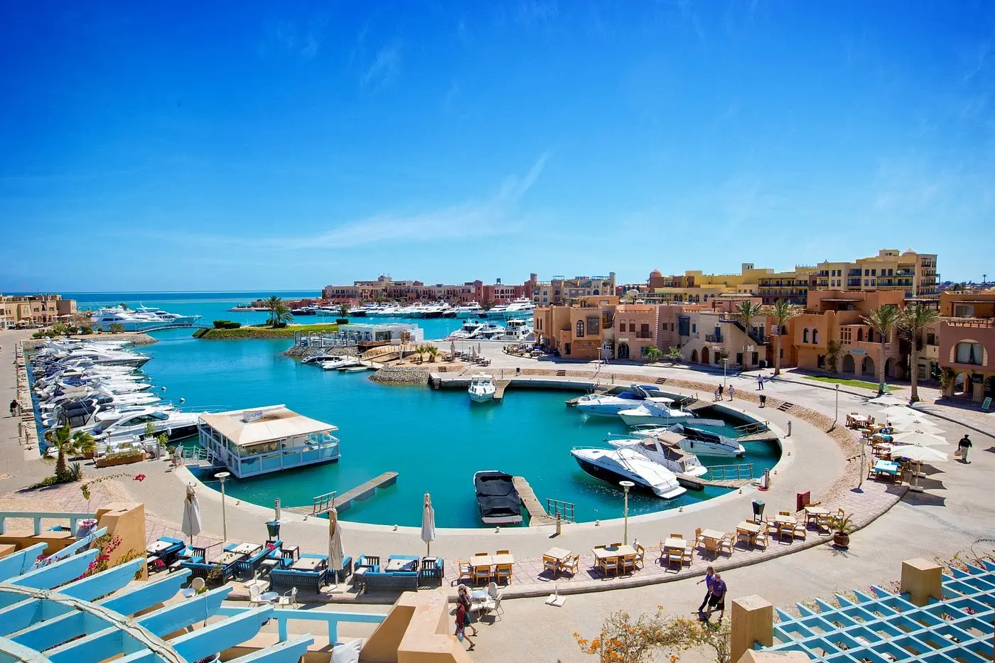 Abu Tig Marina in El Gouna with moored boats and waterfront buildings